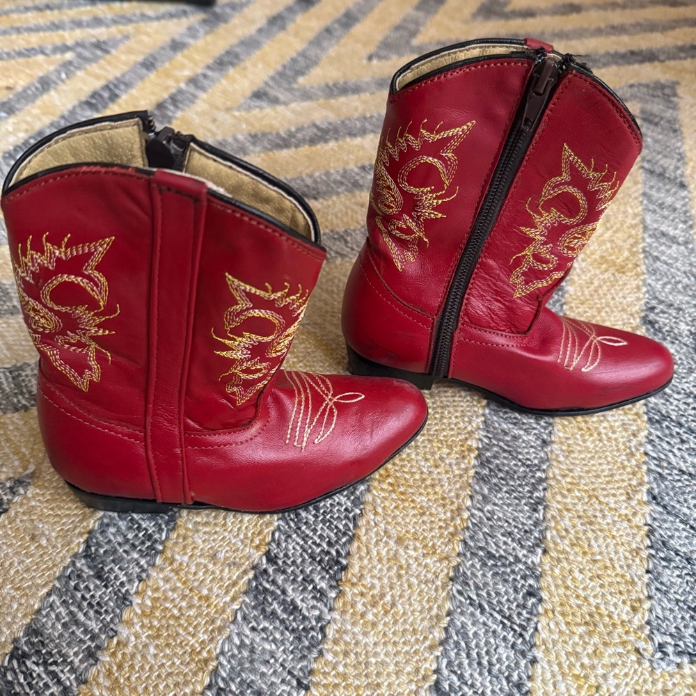 Kids Red Embroidered Cowboy Boots